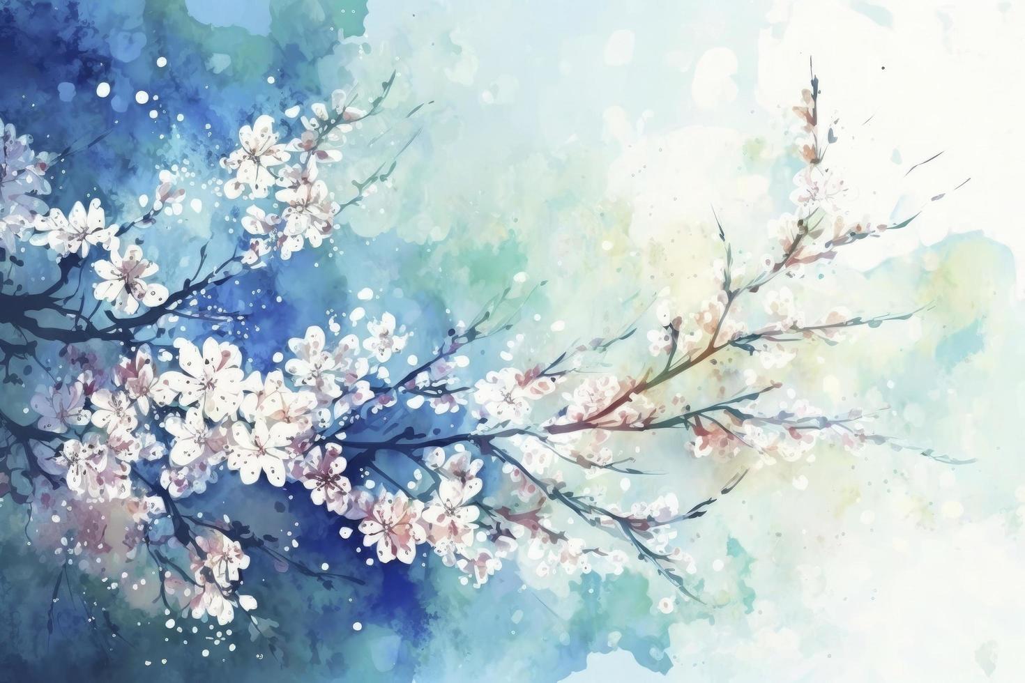 primavera antecedentes con el imagen de azul cielo y Cereza flores acuarela ilustración material foto