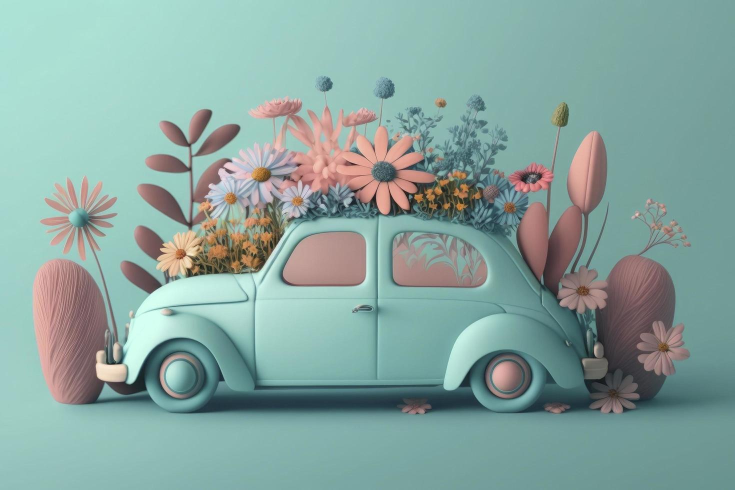 Car with spring and summer flowers, pastel color, creative positive lifestyle, self care and traveling concept, photo