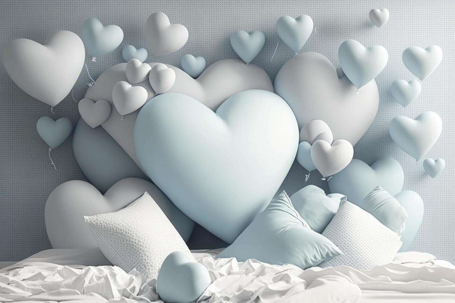 linda pastel azul corazón globos, amortiguar fondo, 3d representación corazones, blanco día, bebé ducha, género revelar foto