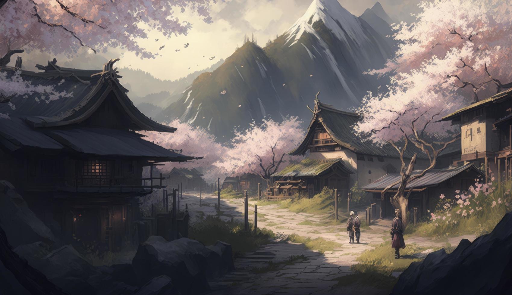 a small village between the mountains, Sakura and her allies seek refuge in a hidden village, Generate Ai photo