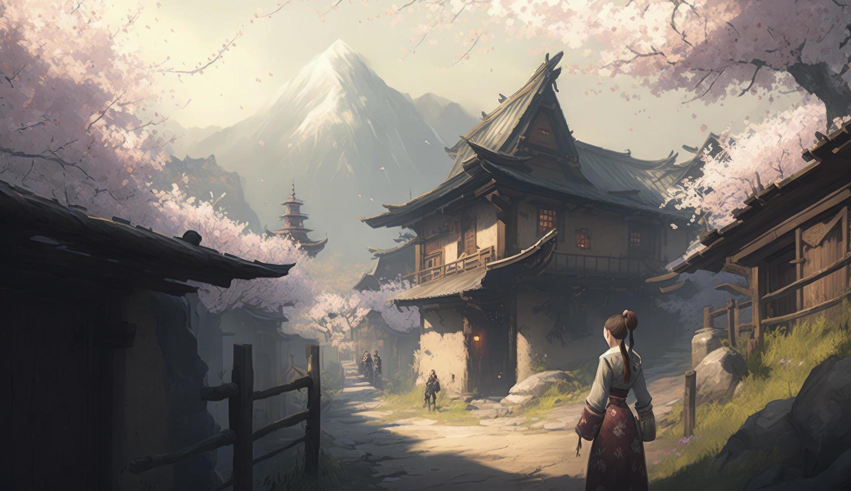 a small village between the mountains, Sakura and her allies seek refuge in a hidden village, Generate Ai photo