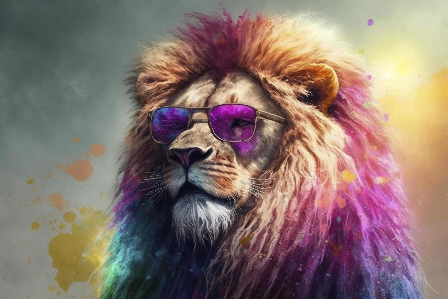 un león con Gafas de sol y un barba, un fotorrealista pintura foto