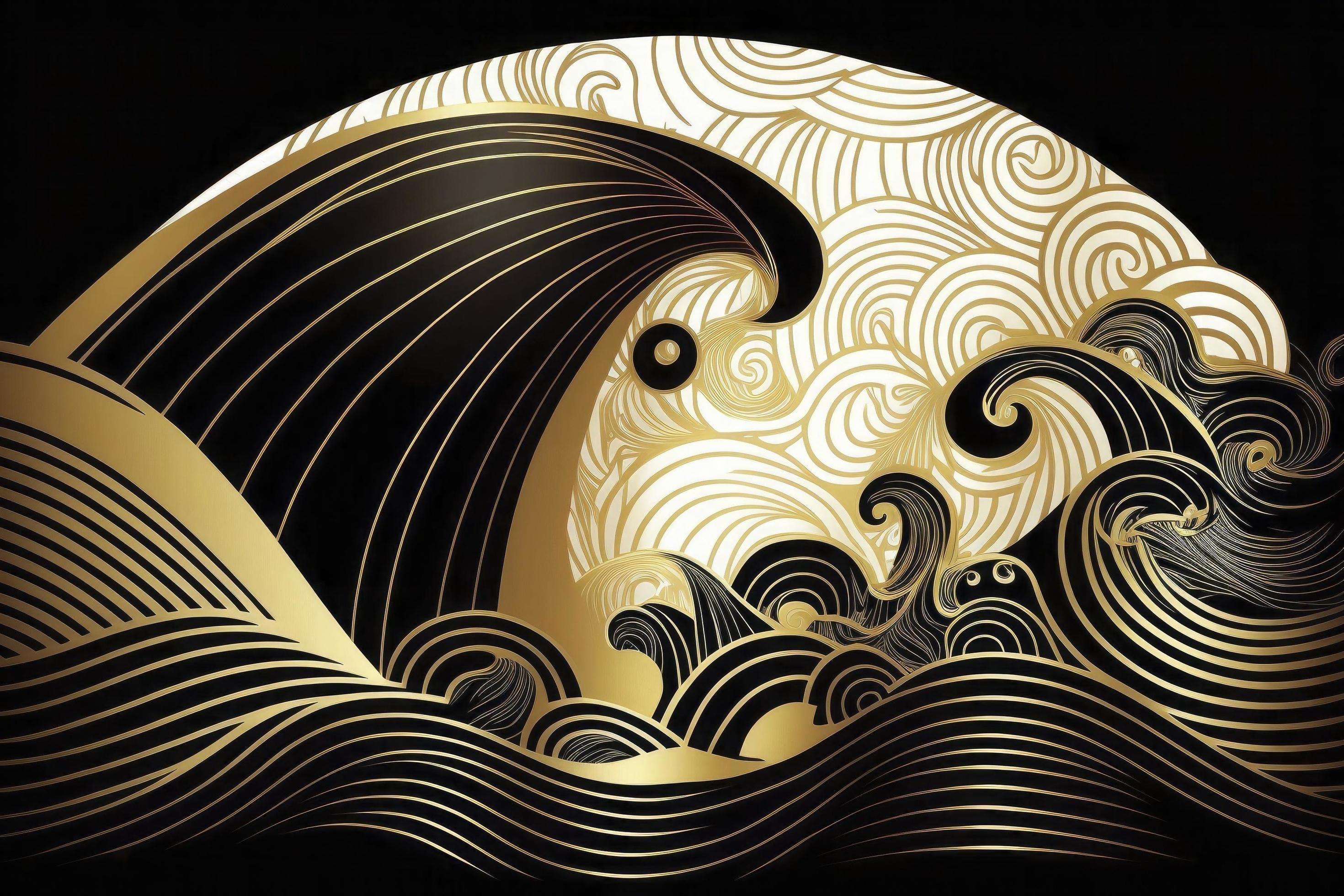 Beautiful wave like lines Black and gold Japanese style background