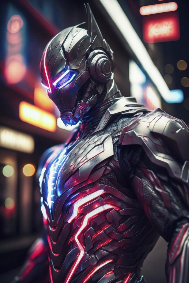 very realistic detailed intricate looking ultraman wearing vibranium armor suit with blurred neon lights at night on background, Generate Ai photo