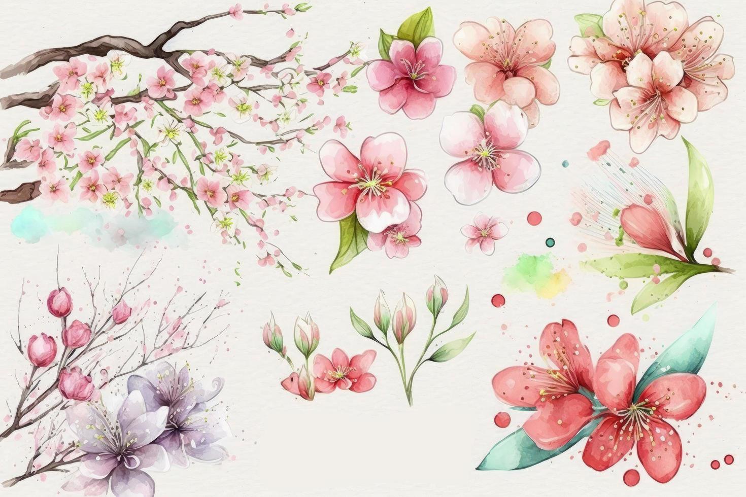decoration Spring flower set Watercolor cherry background photo