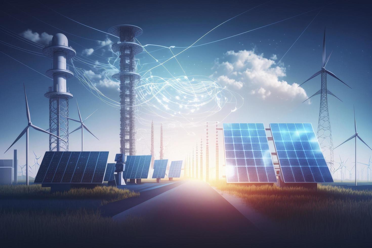 solar cell plant and wind generators in urban area connected to smart grid.Energy supply,eolic turbine,distribution of energy,Powerplant,energy transmission, high voltage supply concept. photo