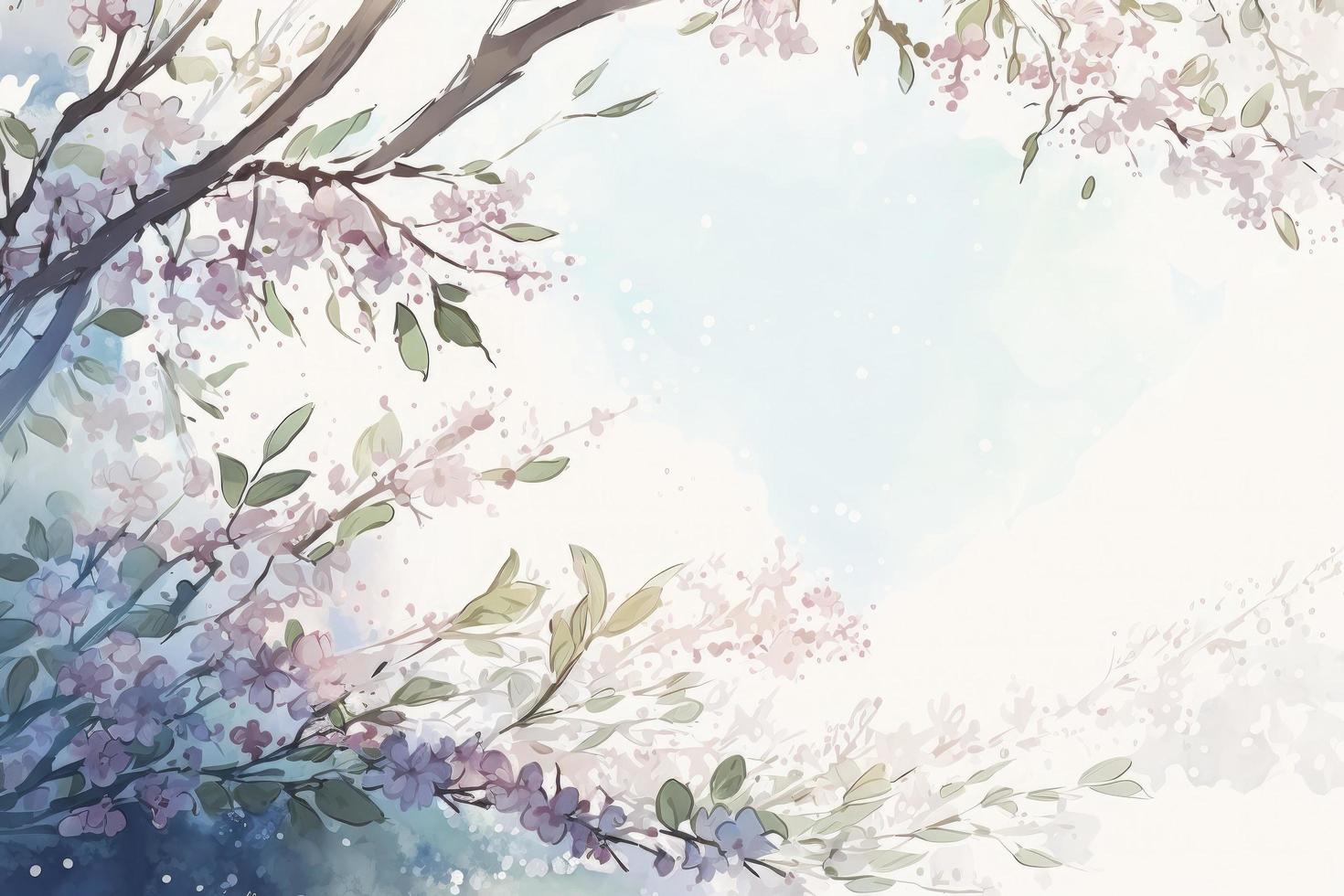 Spring background with the image of blue sky and cherry blossoms Watercolor illustration material photo