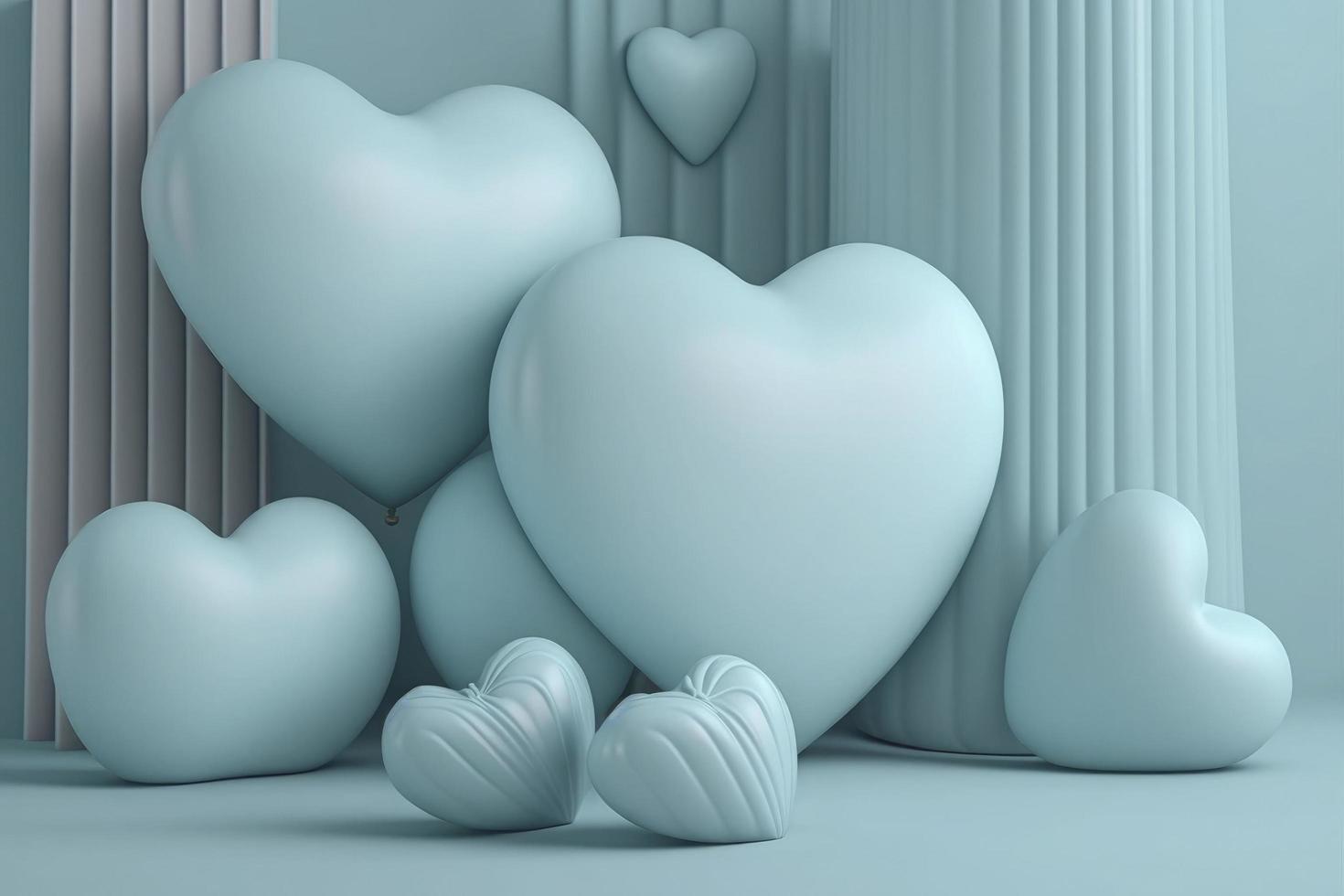 Cute pastel blue heart balloons, cushion background, 3d rendering hearts, white day, baby shower, gender reveal photo