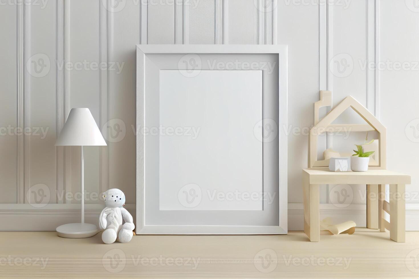 white frame mockup on the wall, minimalistic thin frame, day light, white wall, minimalistic, scandinavian style . photo