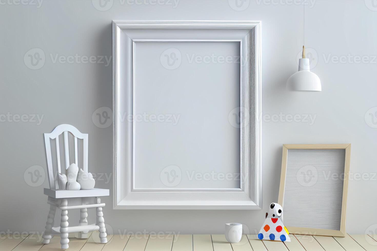 white frame mockup on the wall, minimalistic thin frame, day light, white wall, minimalistic, scandinavian style . photo