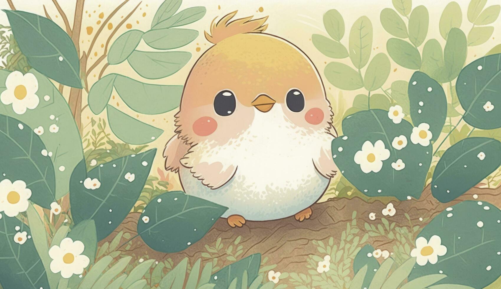 Fluffy cute Bird baby in the forest in laughing happily, style, Animal, Bird baby, Generate Ai photo