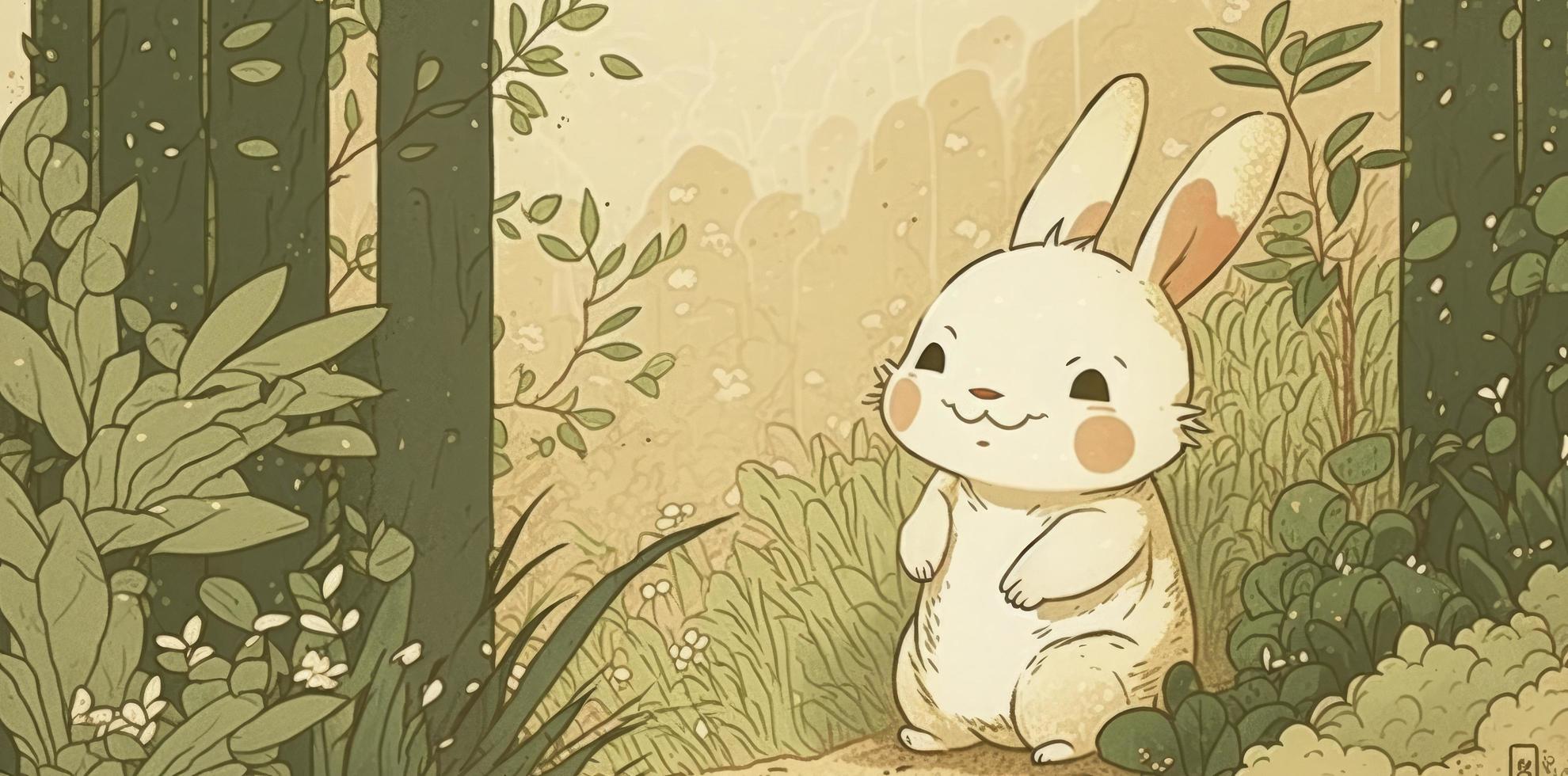 Fluffy cute Rabbit baby in the forest in laughing happily, style, Animal, Rabbit baby, Generate Ai photo