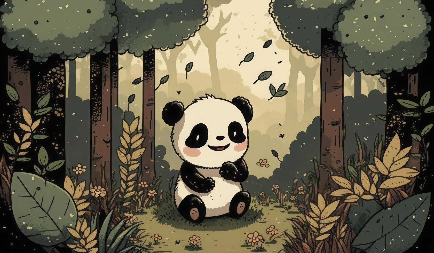 Fluffy cute panda baby in the forest in laughing happily, style, Animal, Panda baby, Generate Ai photo