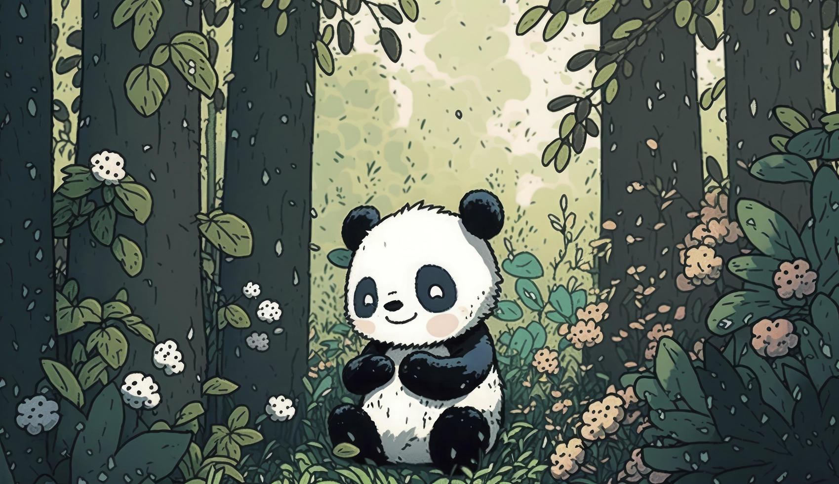 Fluffy cute panda baby in the forest in laughing happily, style, Animal, Panda baby, Generate Ai photo