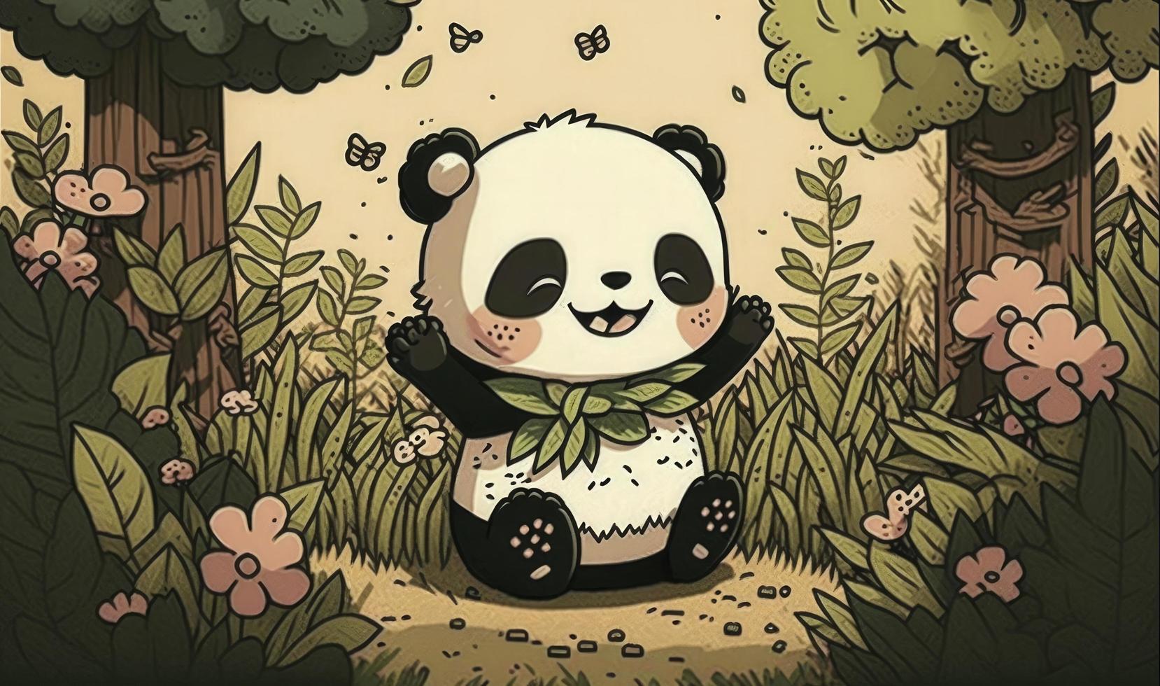 Fluffy cute panda baby in the forest in laughing happily, style, Animal, Panda baby, Generate Ai photo