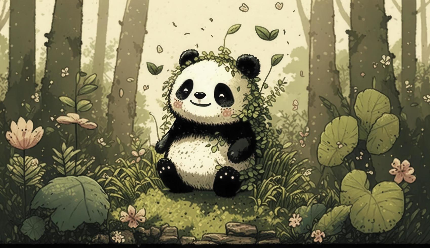 Fluffy cute panda baby in the forest in laughing happily, style, Animal, Panda baby, Generate Ai photo