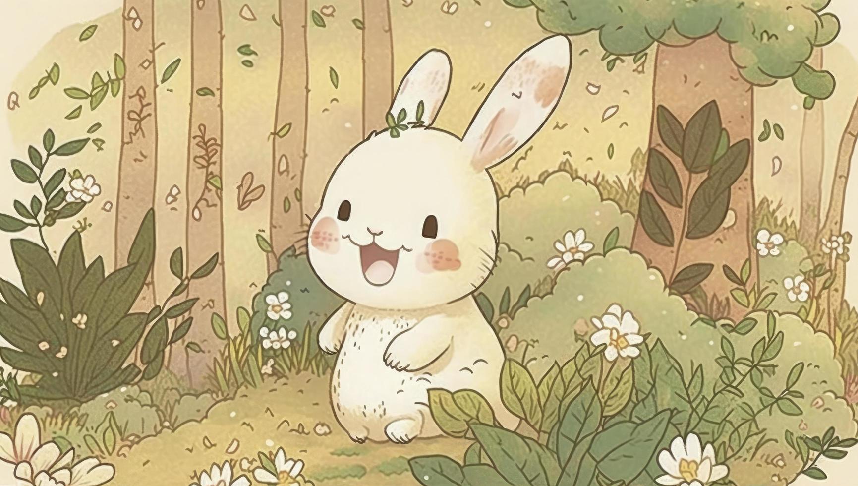 Fluffy cute Rabbit baby in the forest in laughing happily, style, Animal, Rabbit baby, Generate Ai photo