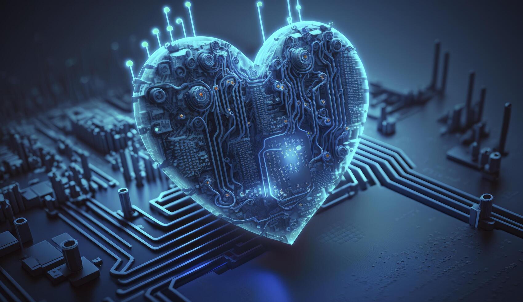 azul corazón conformado como computadora circuito tablero. postproducido generativo ai digital ilustración. foto