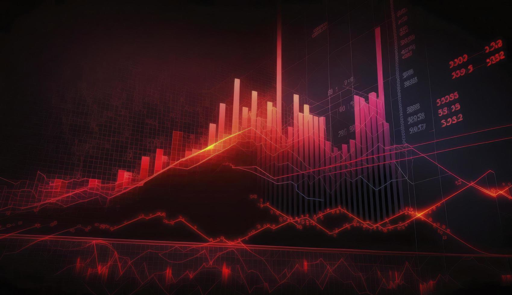 Stock market trading graph in red color as economy 3D illustration background. Trading trends and economic development. photo