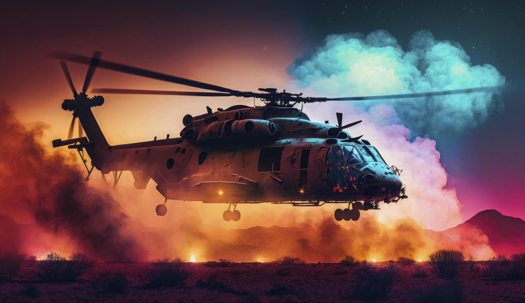 military chopper crosses crosses fire and smoke in the desert, wide poster design with copy space area, Generate Ai photo