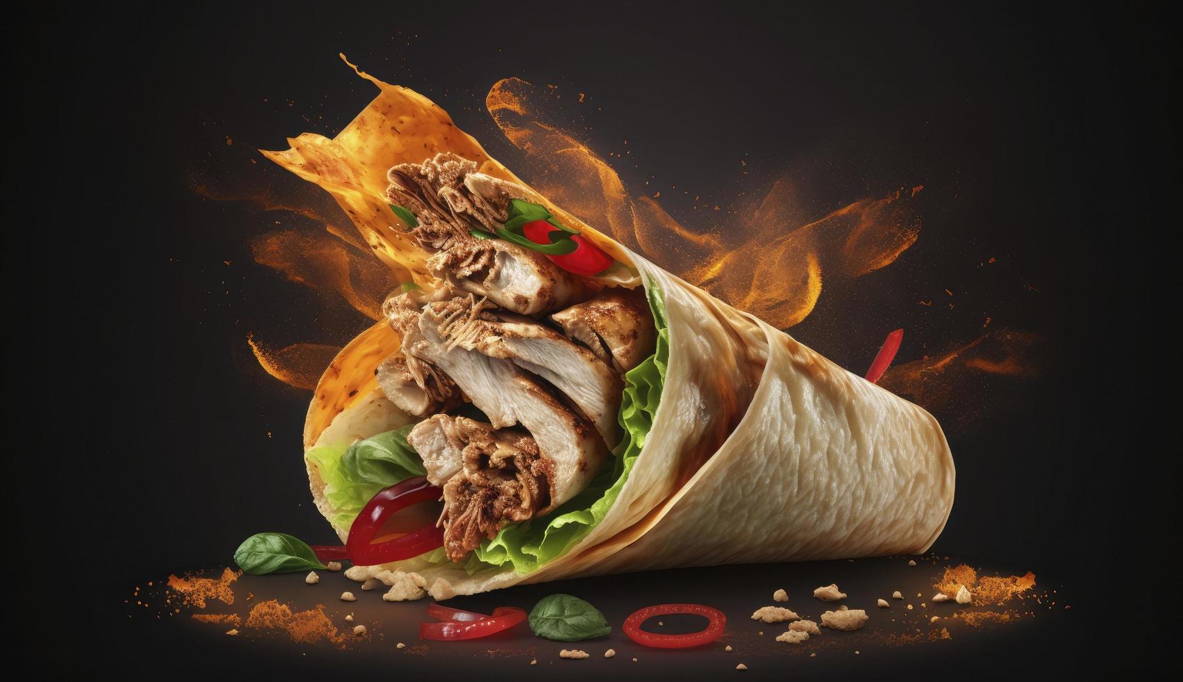 fresh grilled chicken wrap roll with flying ingradients and spices hot ready to serve and eat with copyspace area, Generate Ai photo