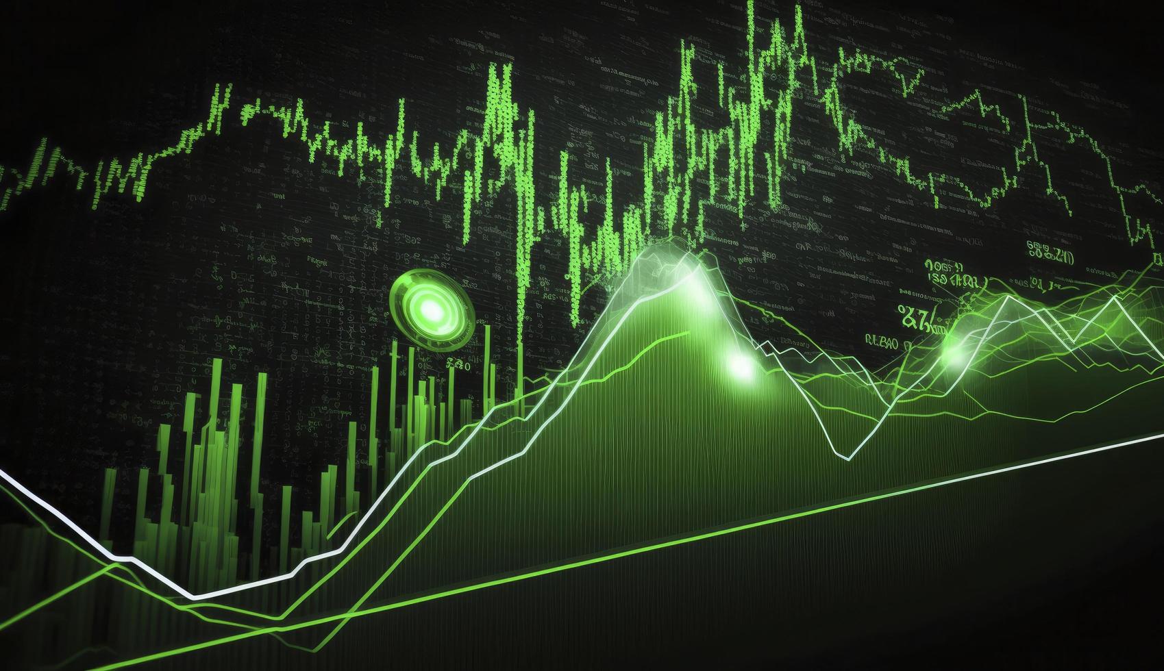 Stock market trading graph in green color as economy 3D illustration background. Trading trends and economic development. photo