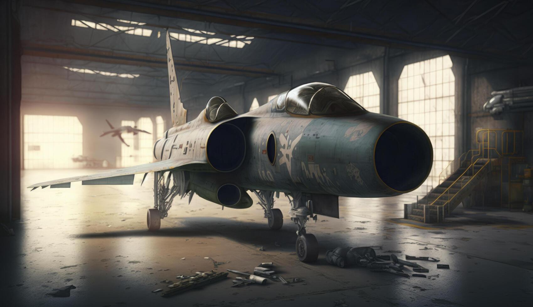 interior view of a generic military fighter jet parked inside a military barracks or hangar as wide banner with copyspace area for world war conflict and air force concepts - photo