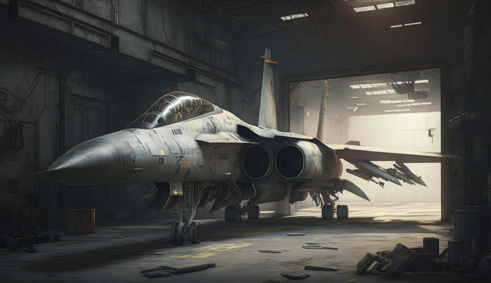 interior view of a generic military fighter jet parked inside a military barracks or hangar as wide banner with copyspace area for world war conflict and air force concepts - photo