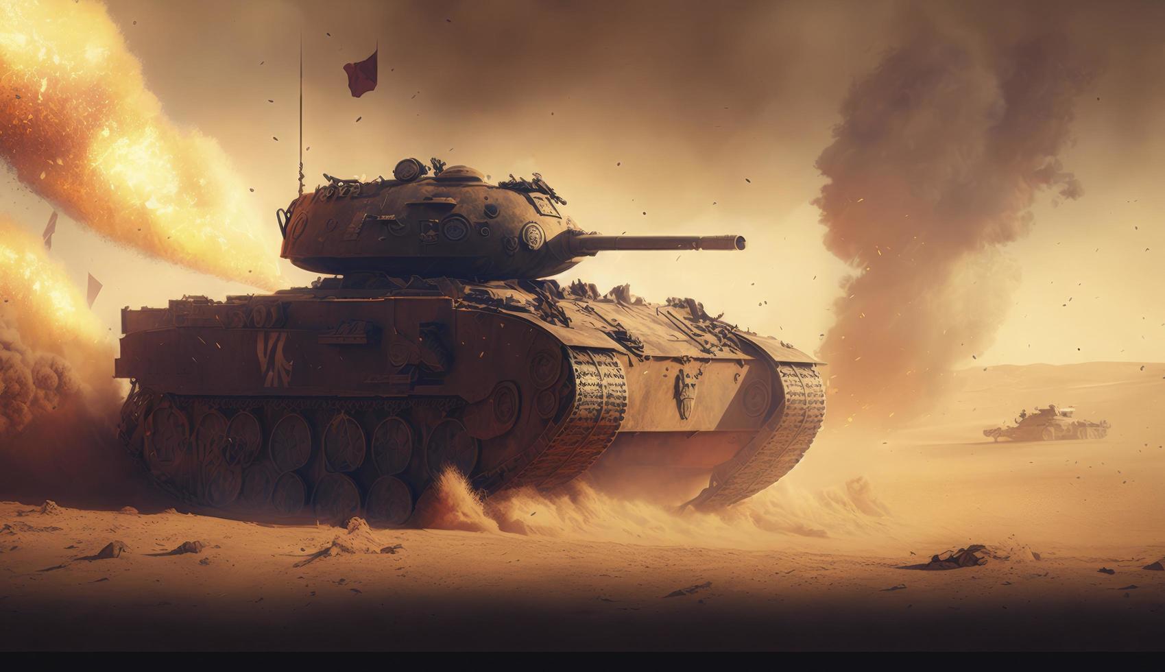 armored tank crosses a mine field during war invasion epic scene of fire and some in the desert, wide poster design with copy space area, Generate Ai photo