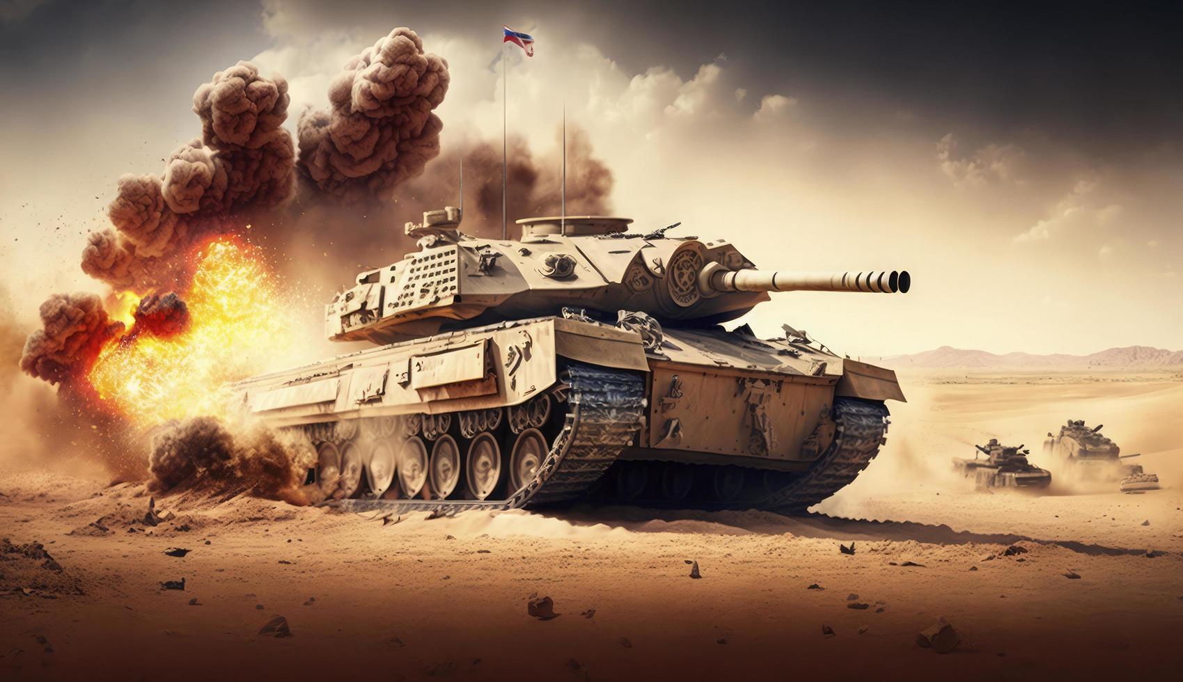 armored tank crosses a mine field during war invasion epic scene of fire and some in the desert, wide poster design with copy space area, Generate Ai photo