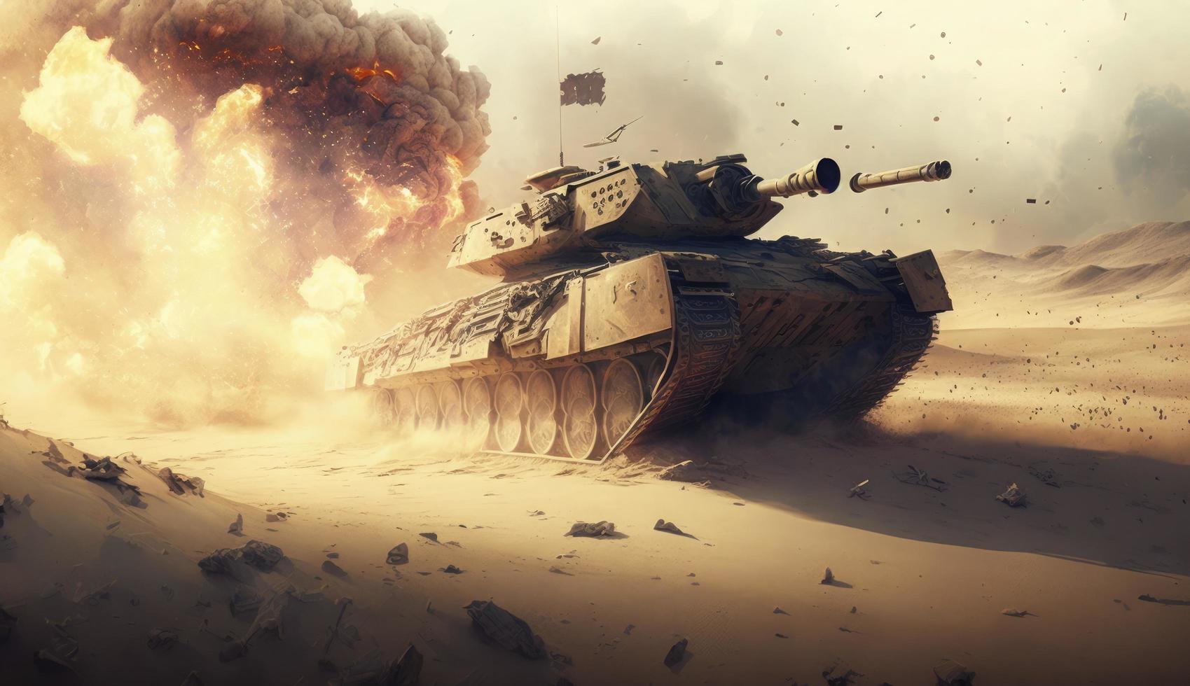 armored tank crosses a mine field during war invasion epic scene of fire and some in the desert, wide poster design with copy space area, Generate Ai photo