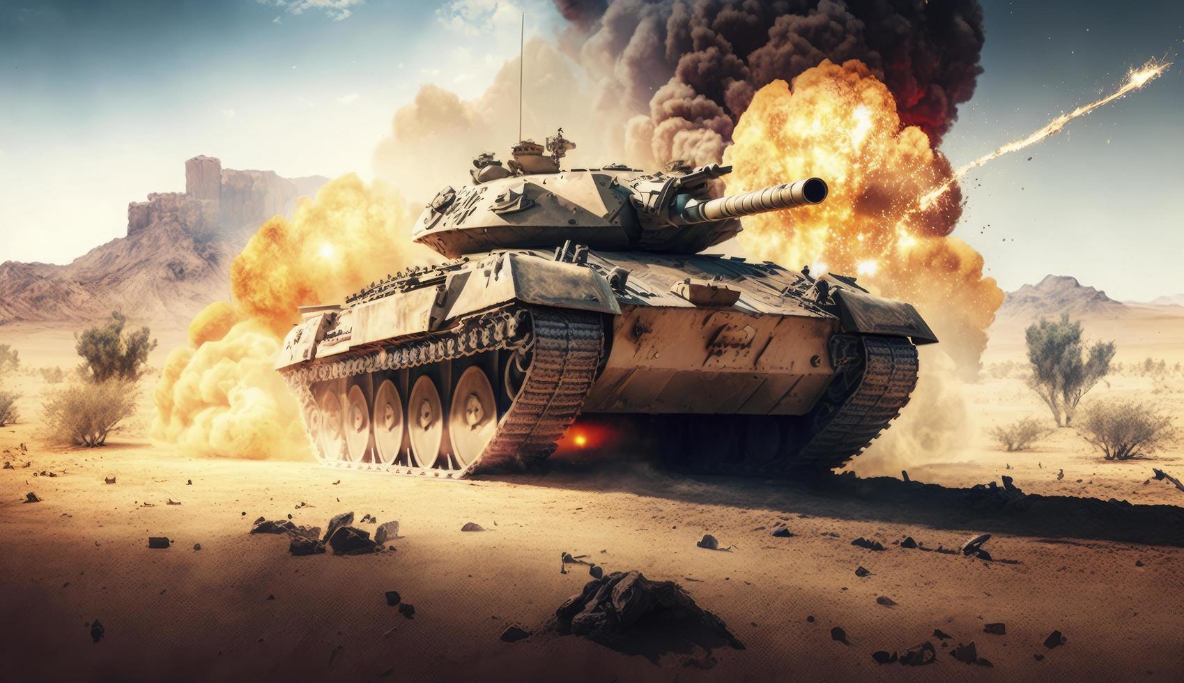 armored tank crosses a mine field during war invasion epic scene of fire and some in the desert, wide poster design with copy space area, Generate Ai photo