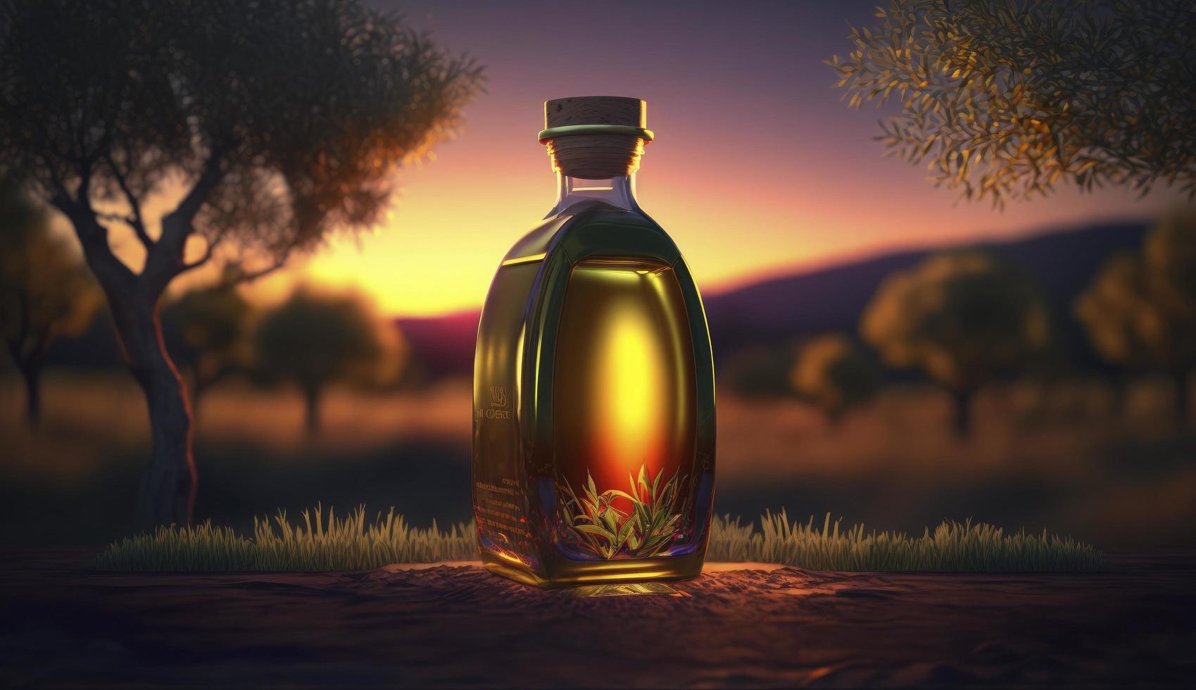 golden olive oil bottle on wooden table olive field in morning sunshine with copyspace are, Generate Ai photo
