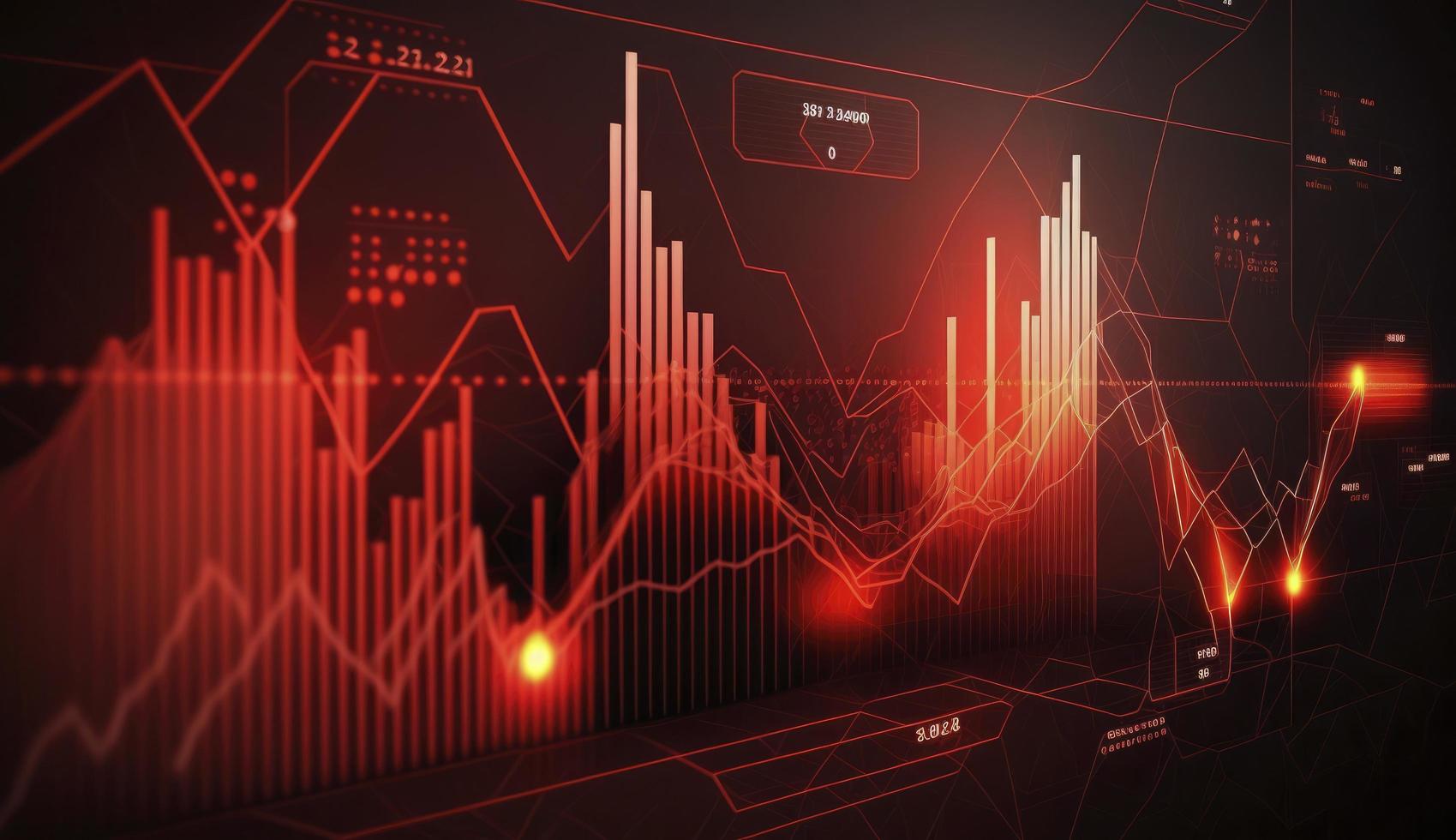 Stock market trading graph in red color as economy 3D illustration background. Trading trends and economic development. photo