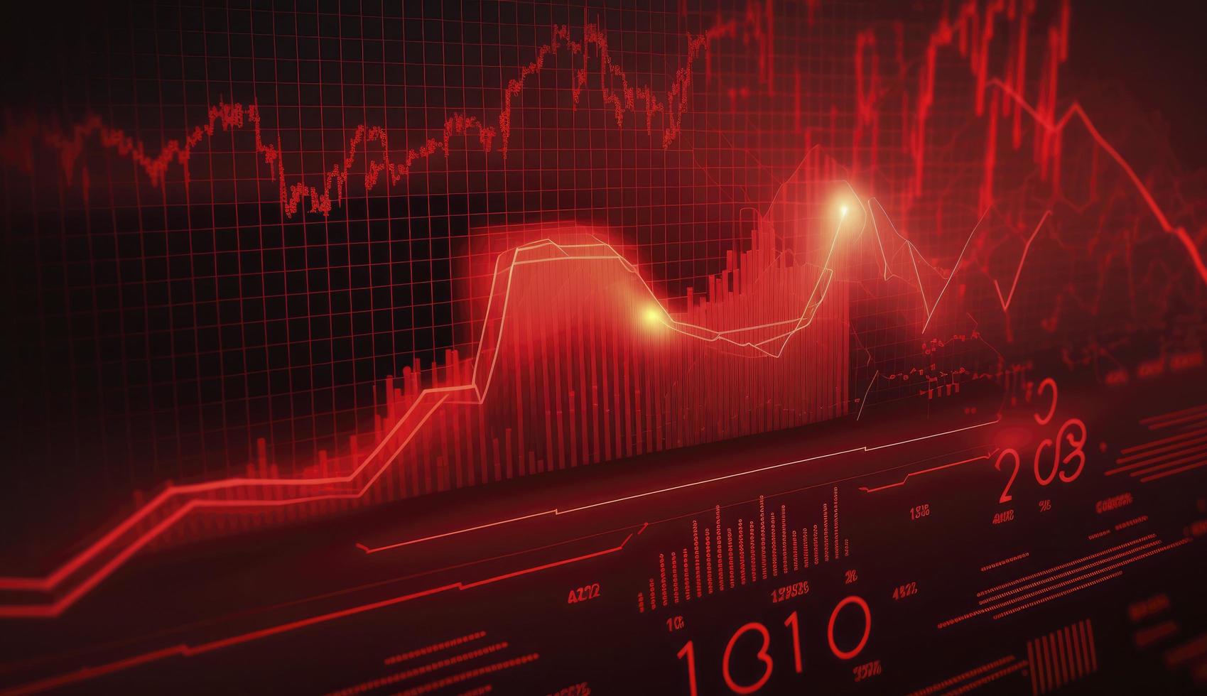 Stock market trading graph in red color as economy 3D illustration background. Trading trends and economic development. photo