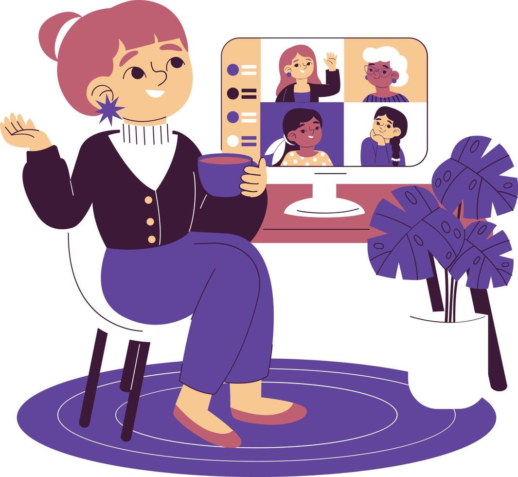 Cute cartoon girl sitting at the table and chatting with her family via video call. Vector illustration. Business People
