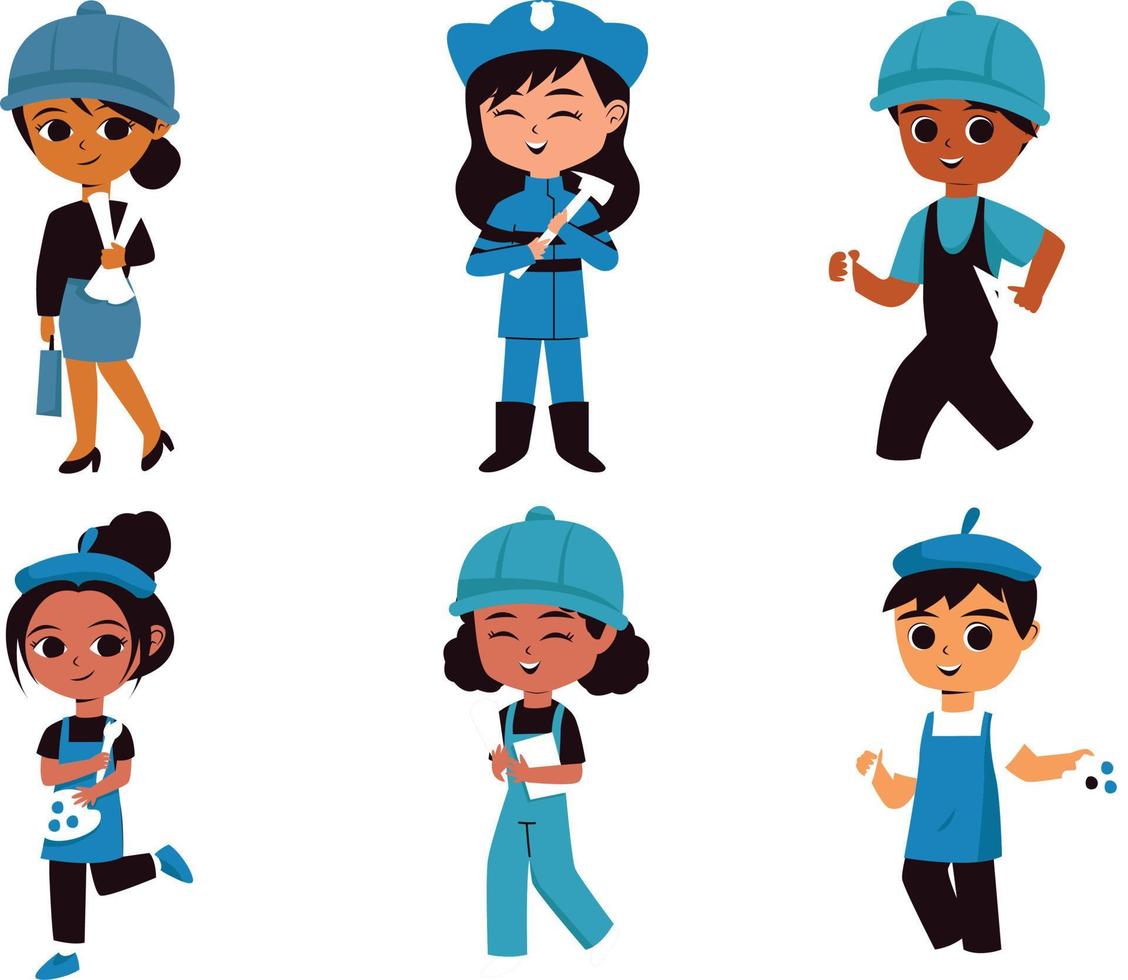 conjunto de niños en diferente profesiones vector ilustración en dibujos animados estilo. conjunto de personas