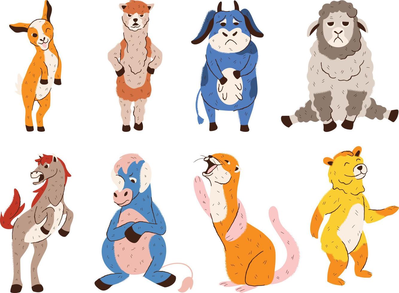 conjunto de gracioso animales, linda dibujos animados animales en diferente posa vector ilustración aislado en blanco antecedentes.