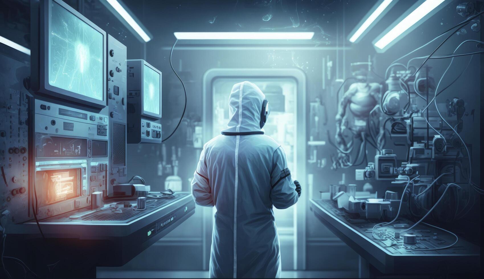 Functioning medical technology with worker in lab. Postproducted illustration. photo