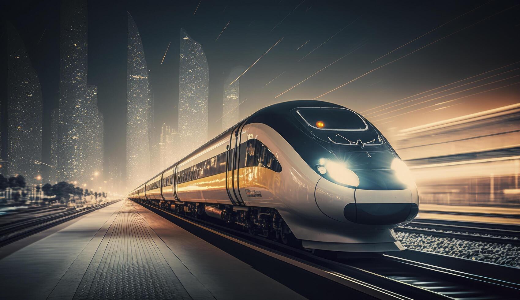 High speed train at station and blurred cityscape at night on background. Postproducted digital illustration of non existing train model. photo