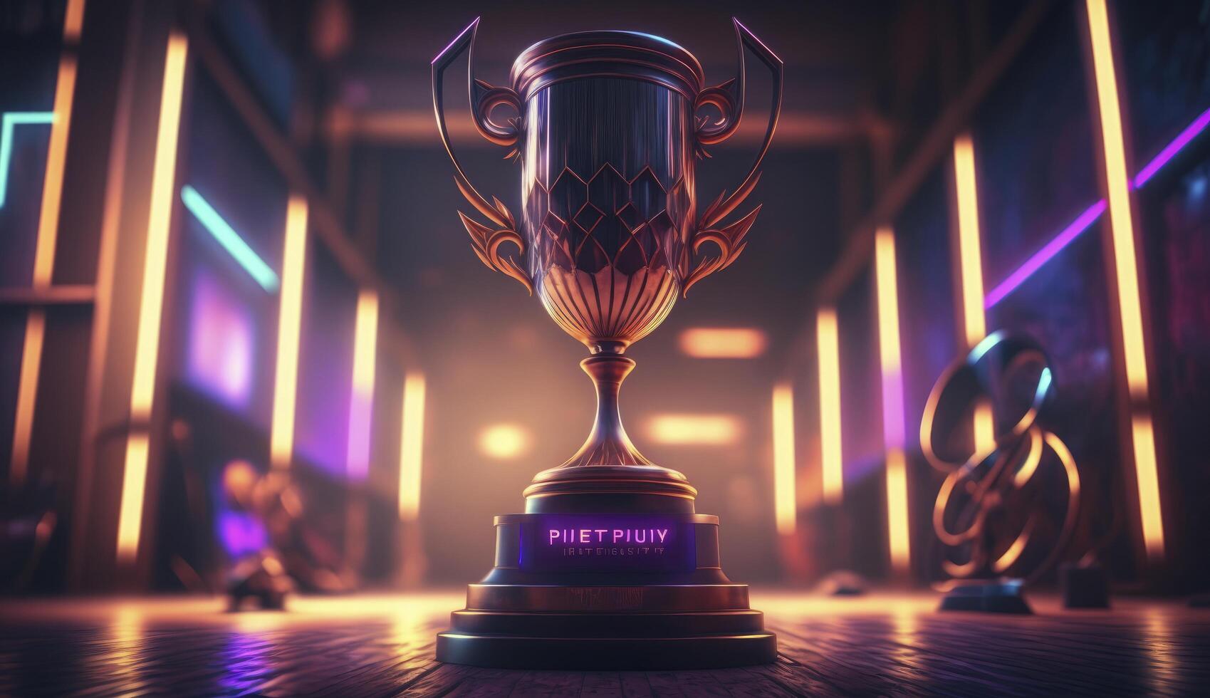 Winner trophy on a stage at studio illuminated by neon lights with blurred background. Postproducted digital illustration. photo