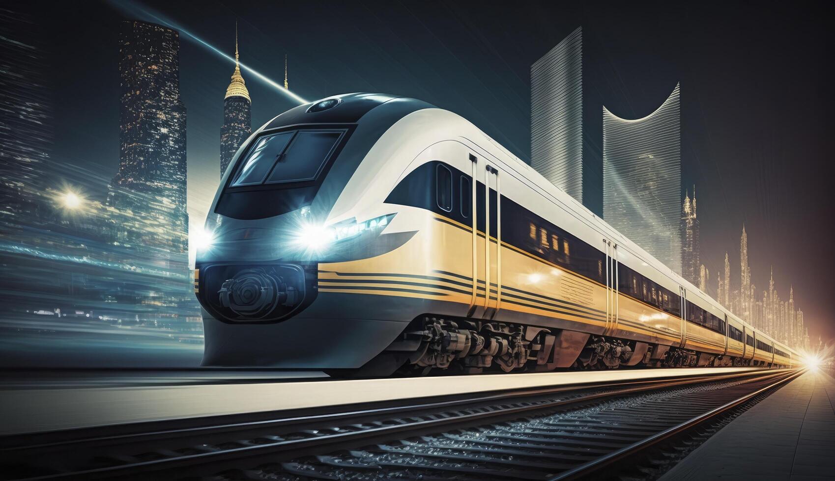 High speed train at station and blurred cityscape at night on background. Postproducted digital illustration of non existing train model. photo