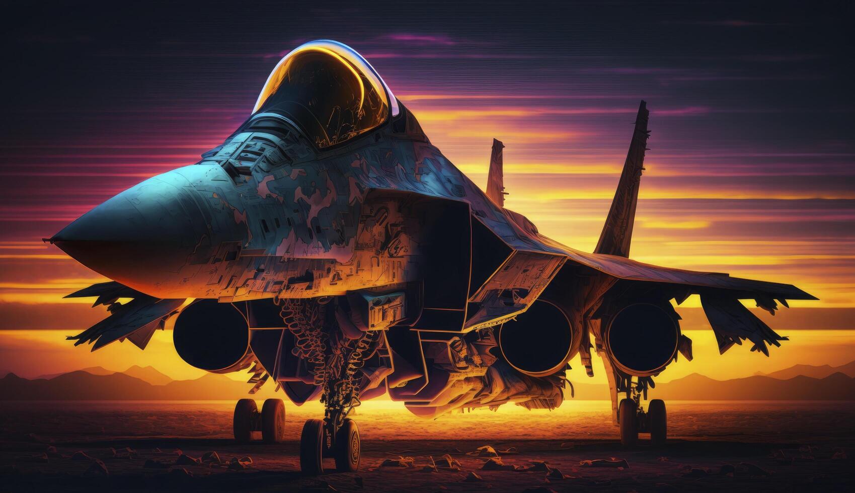 sunset backlit view of military fighter jet pilot beside parked