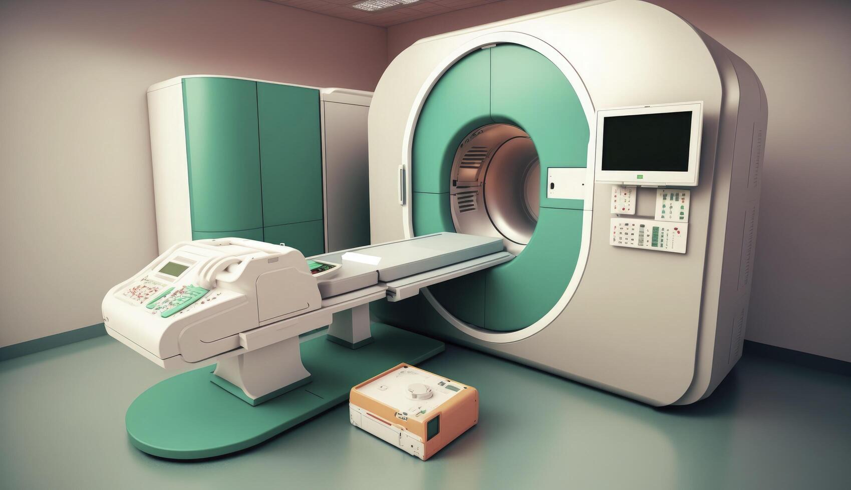 Modern and functioning medical screening technology at room with MRI equipment. Postproducted digital illustration. photo