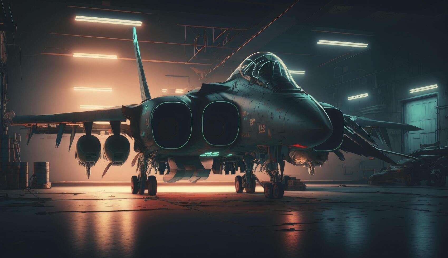 interior view of a generic military fighter jet parked inside a military barracks or hangar as wide banner with copyspace area for world war conflict and air force concepts - photo