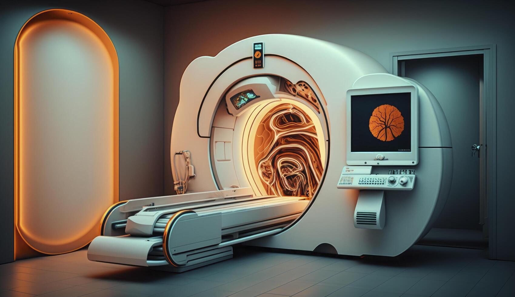 Modern and functioning medical screening technology at room with MRI equipment. Postproducted digital illustration. photo