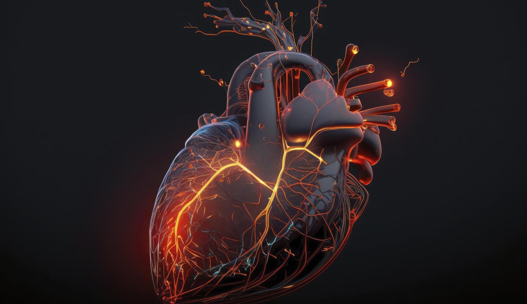 Glowing lines at human heart 3D shape on dark background. Postproducted digital illustration. photo