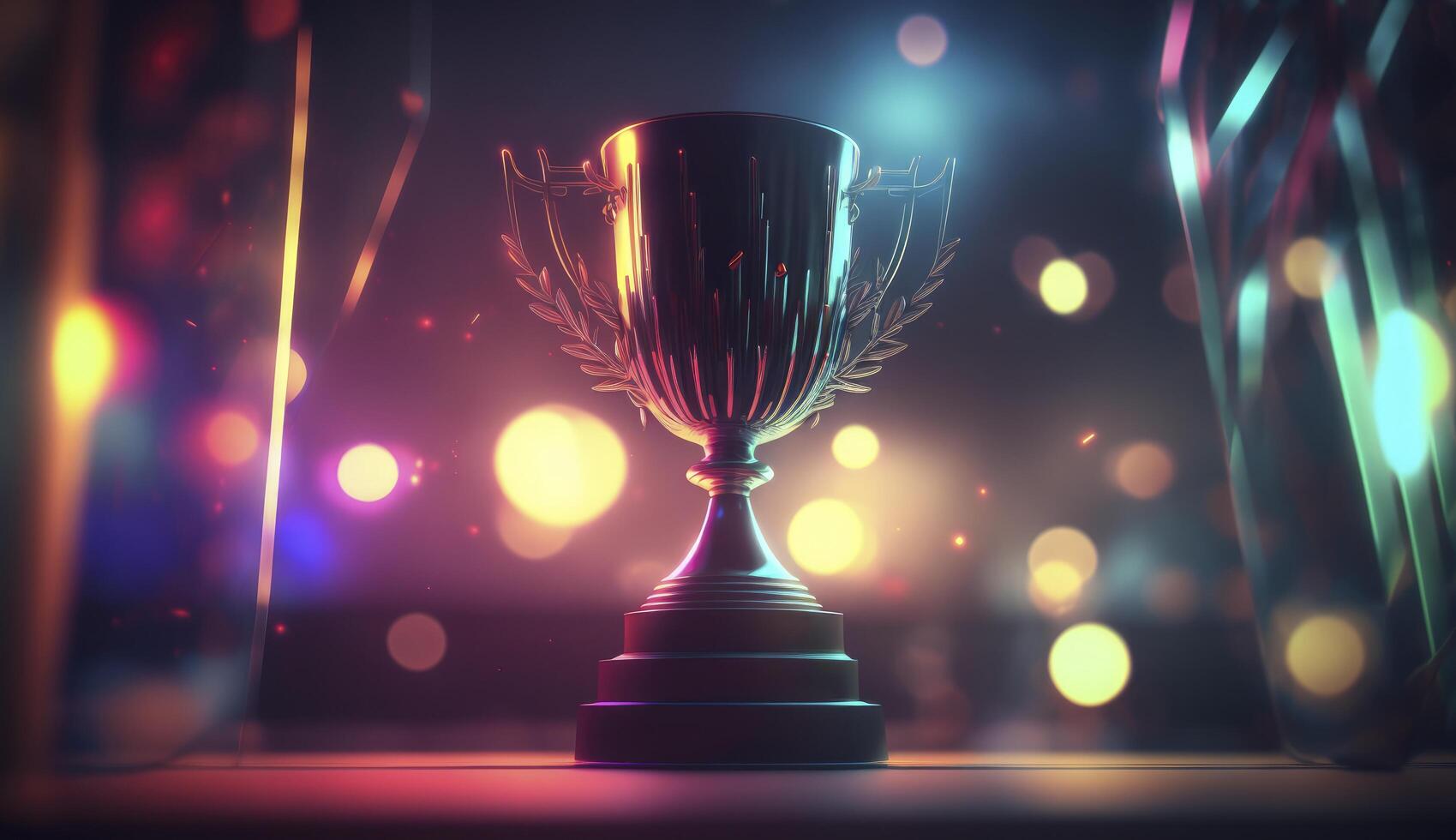 Winner trophy on a stage at studio illuminated by neon lights with blurred background. Postproducted digital illustration. photo