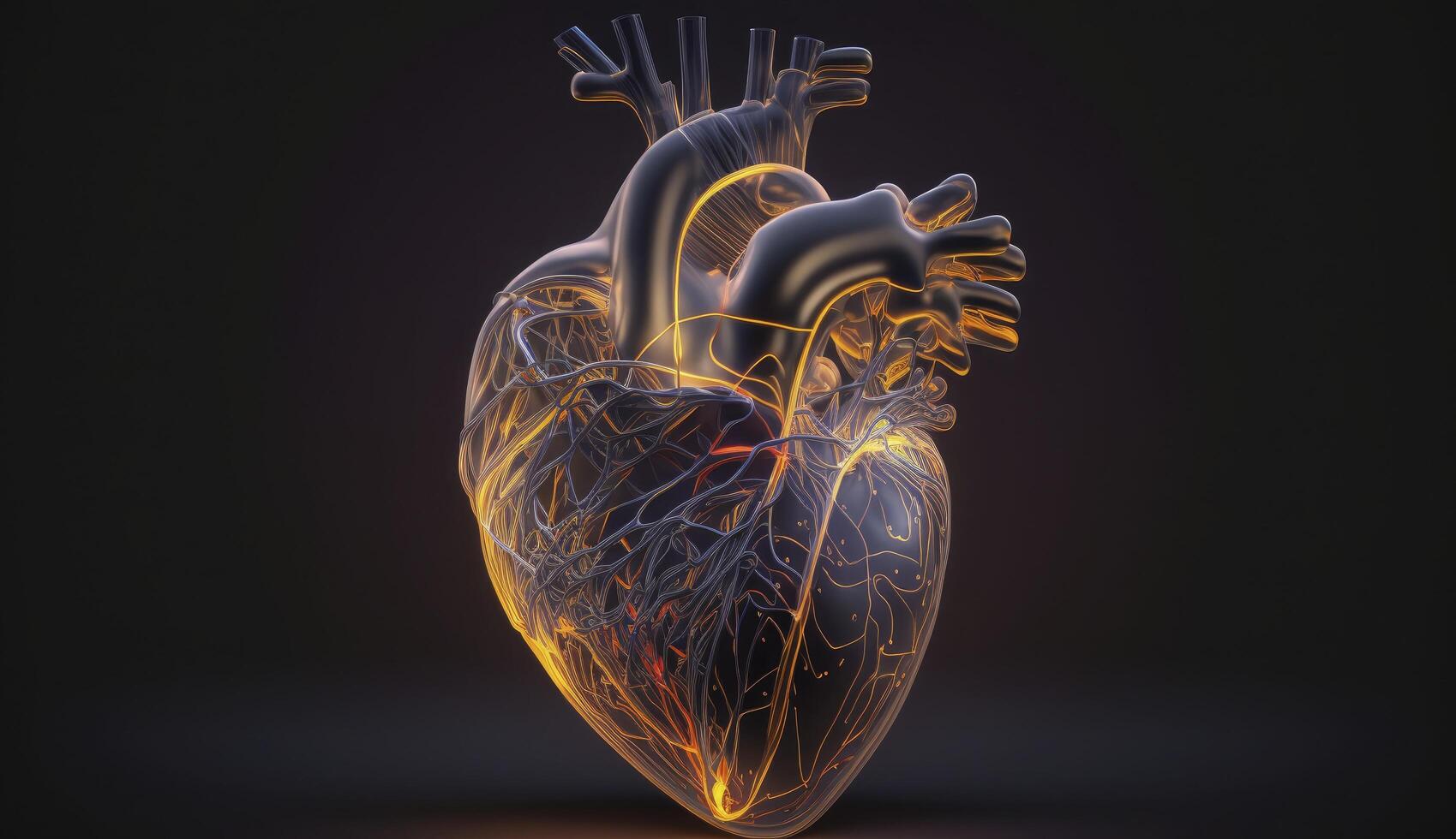 Glowing lines at human heart 3D shape on dark background. Postproducted digital illustration. photo