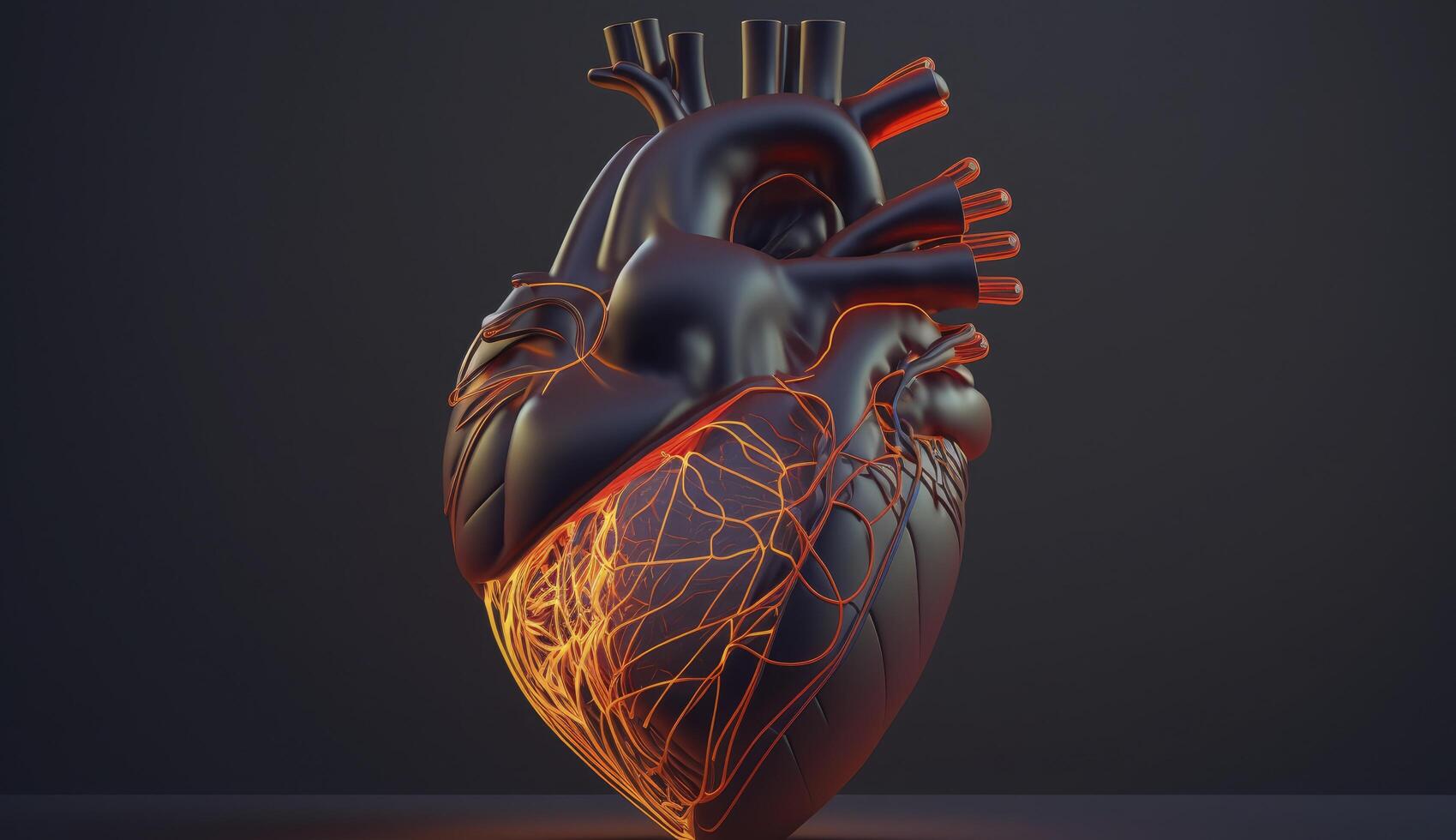 Glowing lines at human heart 3D shape on dark background. Postproducted digital illustration. photo